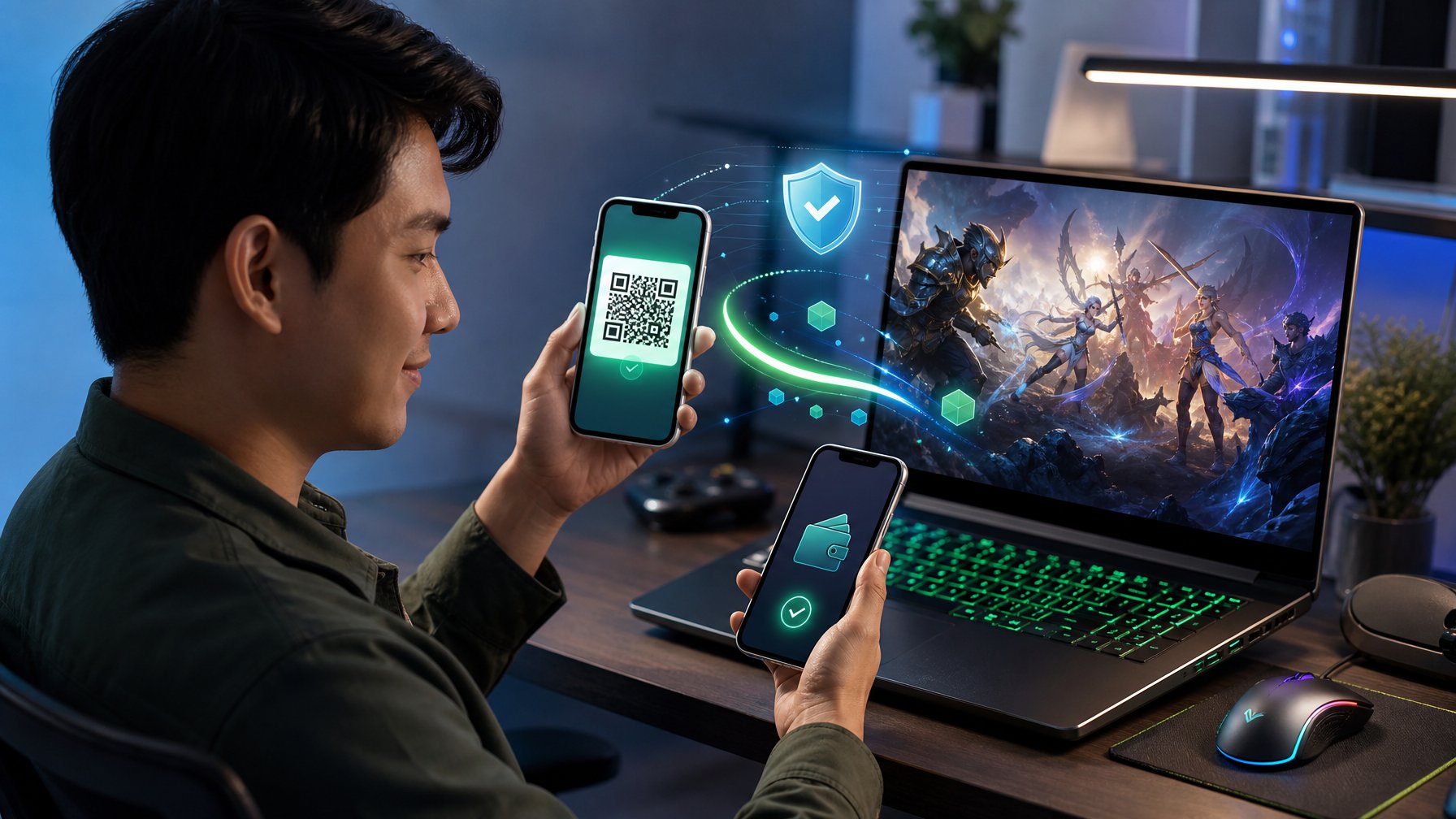Seorang gamer menggunakan ponsel dengan tampilan pembayaran digital di samping laptop yang menampilkan permainan pertarungan.