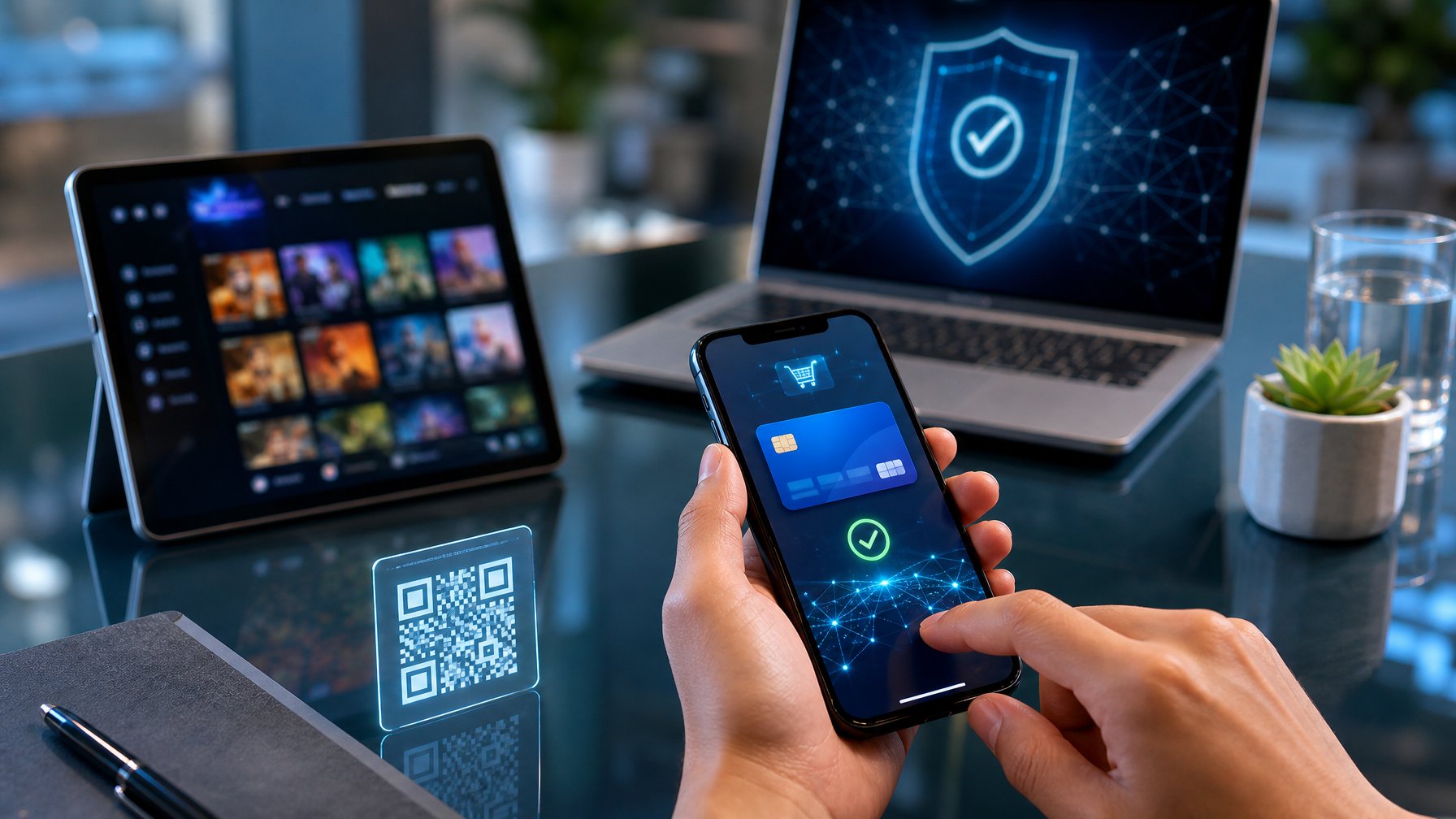Tangan seseorang menggunakan ponsel untuk melakukan transaksi digital dengan laptop dan simbol pembayaran elektronik di meja kerja modern.