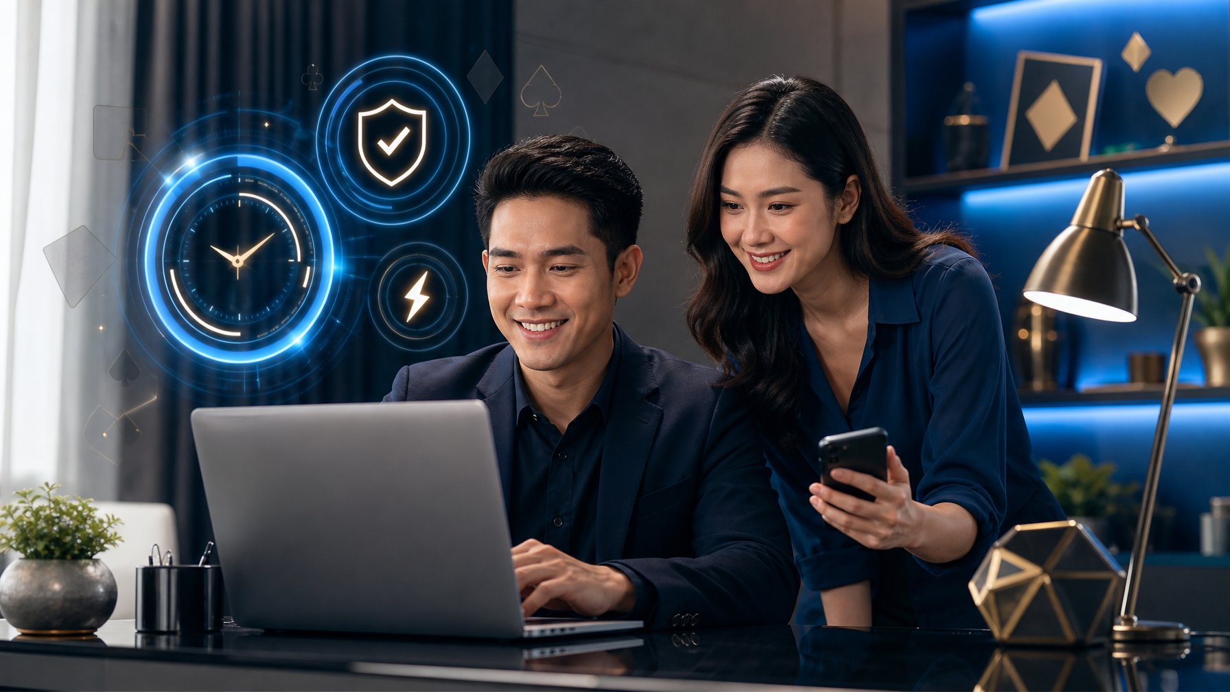 Dua orang dewasa menggunakan laptop dan ponsel di ruang kerja modern dengan nuansa teknologi digital.
