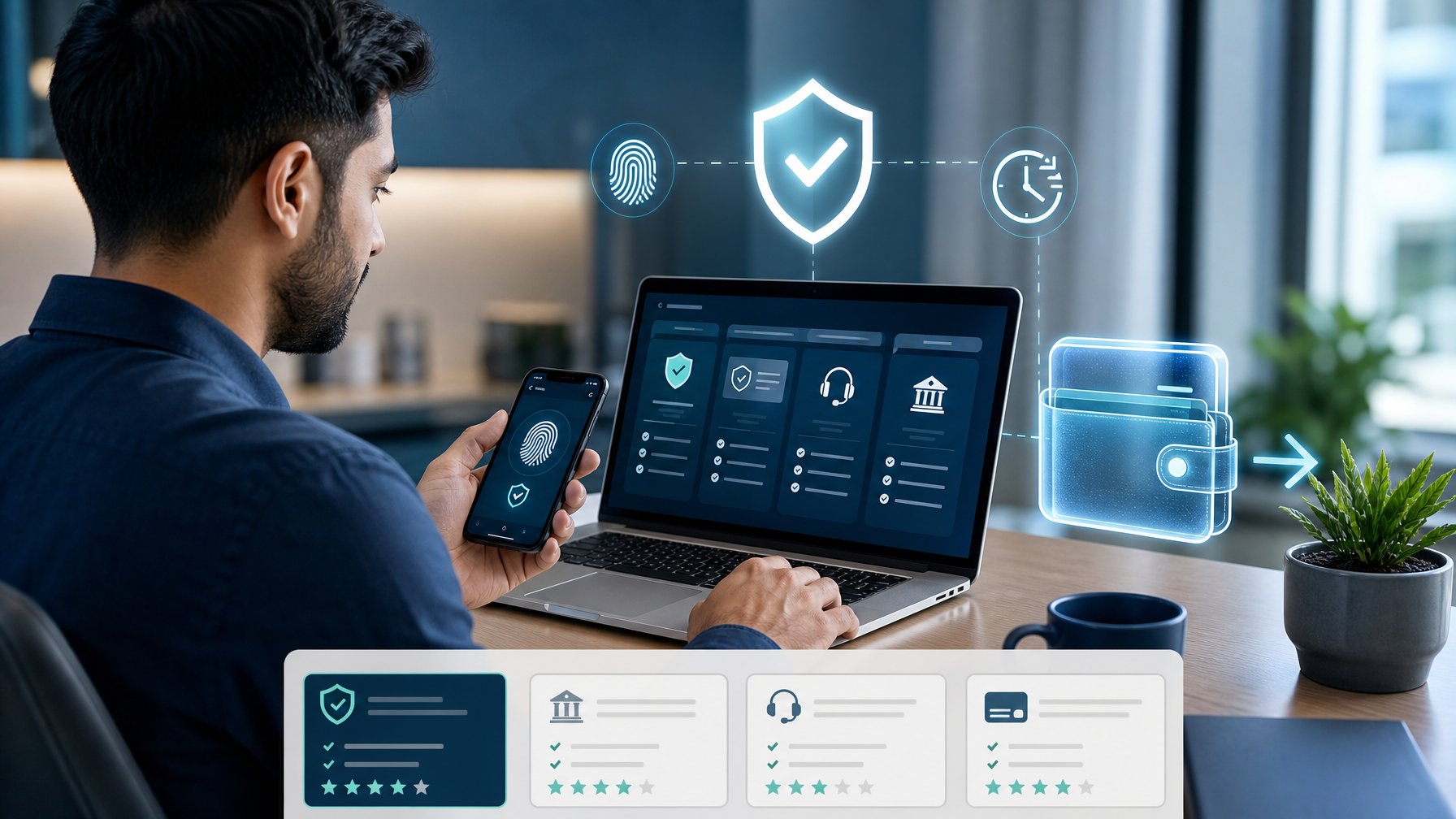 Orang dewasa meninjau platform pembayaran digital aman pada laptop dan ponsel dengan simbol verifikasi serta pemrosesan cepat.