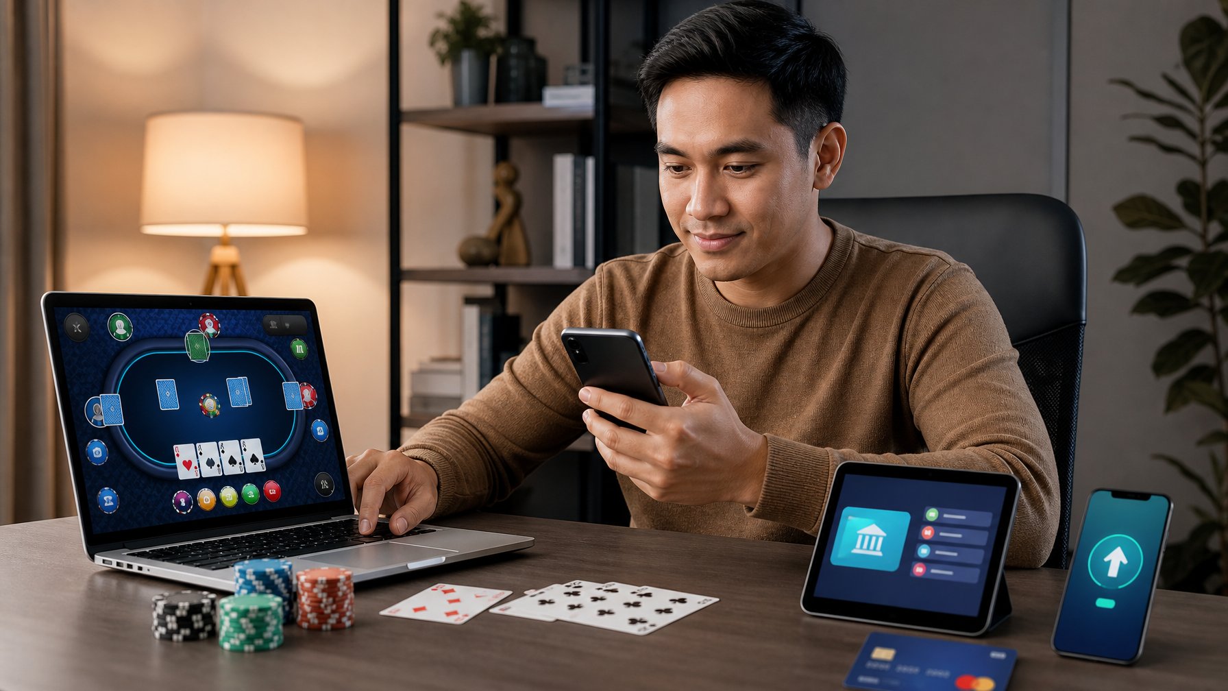 Seorang pemain menggunakan laptop dan ponsel untuk bermain gim kartu online di meja modern dengan kartu dan keping permainan.