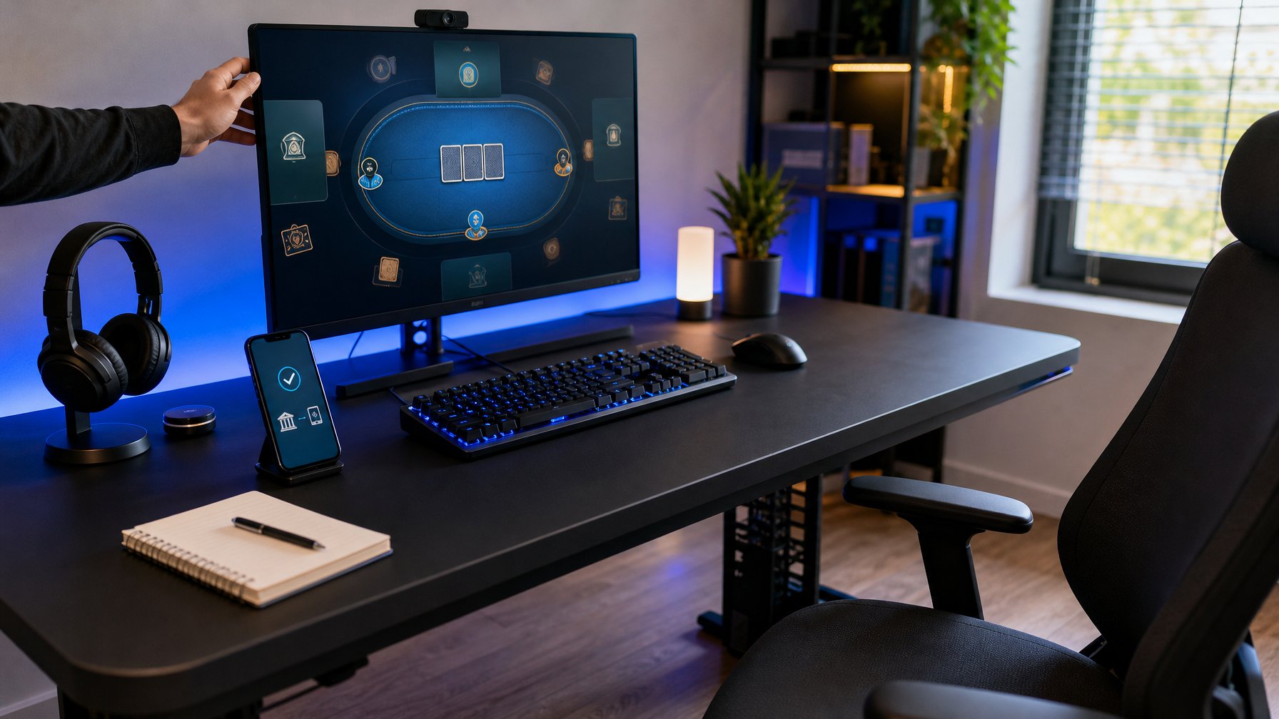 Meja gaming modern dengan monitor, ponsel, keyboard, dan aksesori yang tertata rapi.