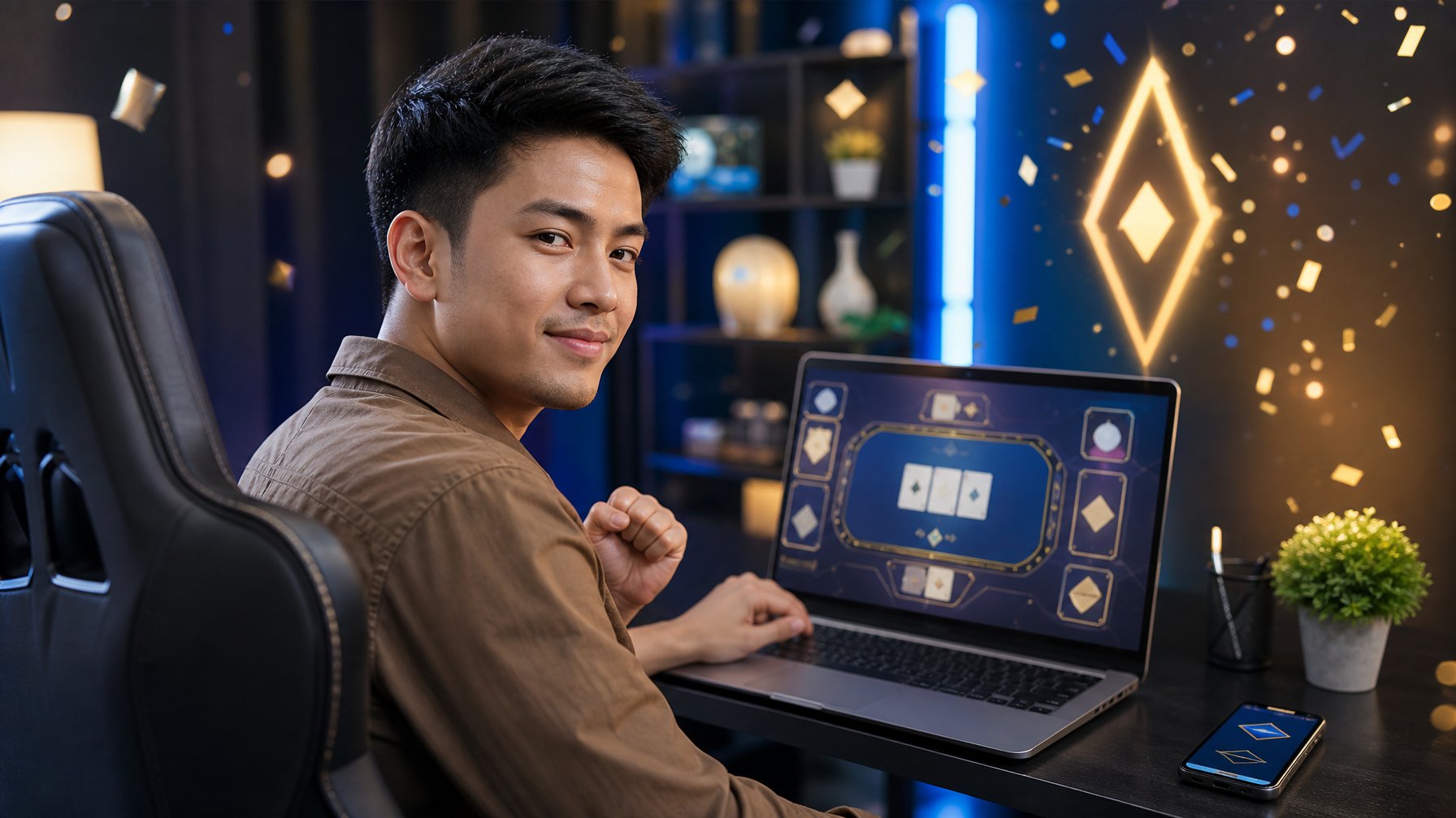 Seorang pemain muda menggunakan laptop dalam suasana ruang permainan digital modern dengan cahaya biru dan emas.