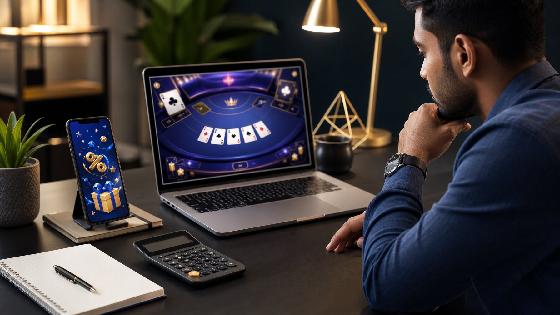Seseorang menilai bonus anggota baru melalui laptop dan ponsel di meja kerja modern.