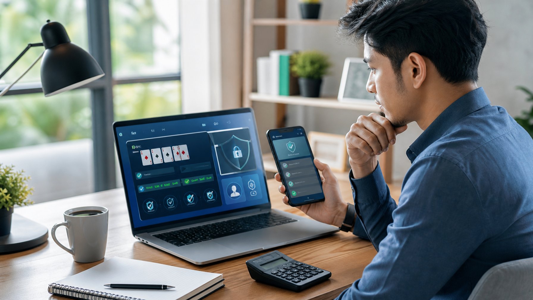 Seorang profesional menilai platform permainan kartu daring melalui laptop dan ponsel di ruang kerja modern.