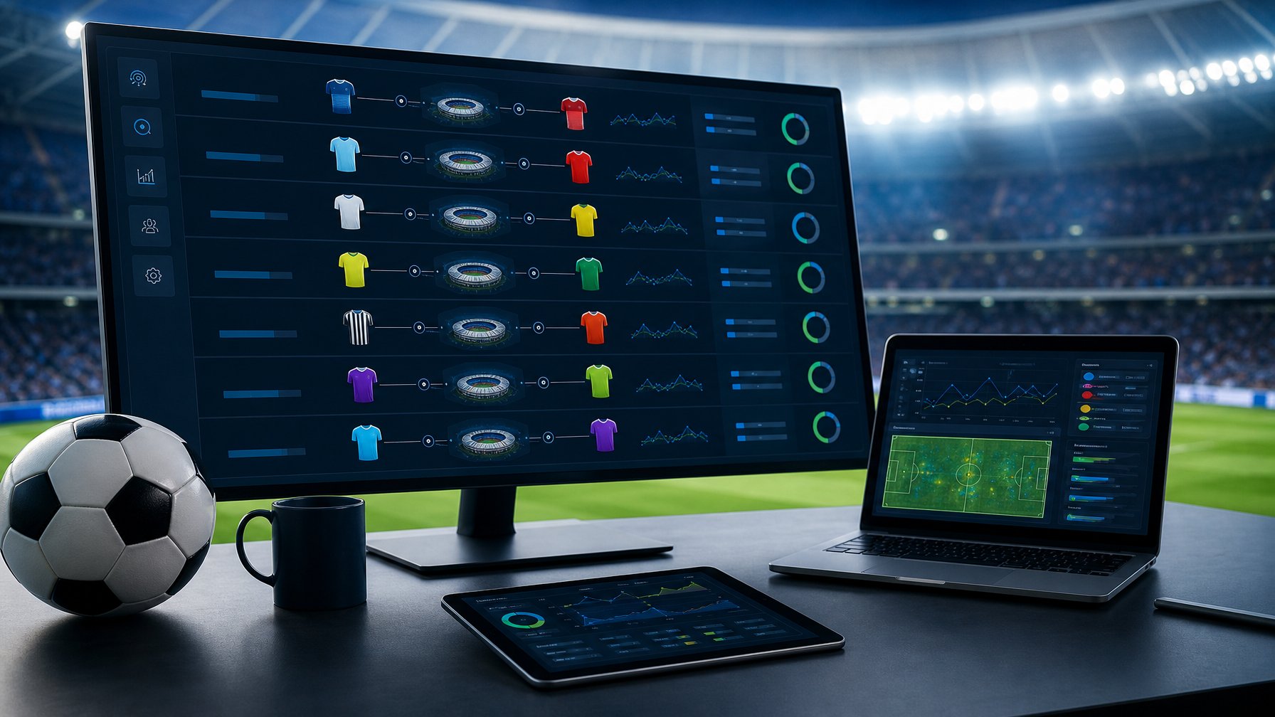 Meja kerja modern dengan bola sepak, perangkat digital berisi analisis pertandingan, dan stadion bercahaya di latar belakang.
