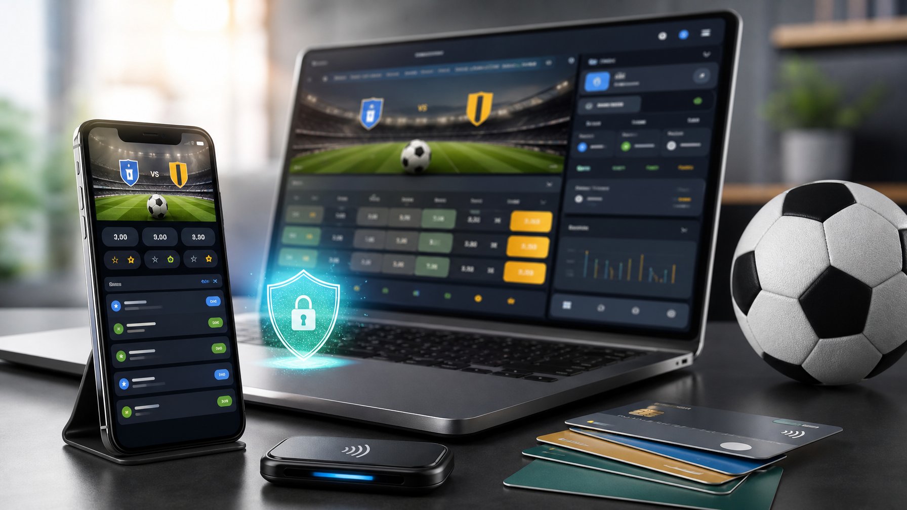 Ponsel dan laptop menampilkan antarmuka sepak bola digital dengan pembayaran dompet elektronik, disertai bola di meja modern.