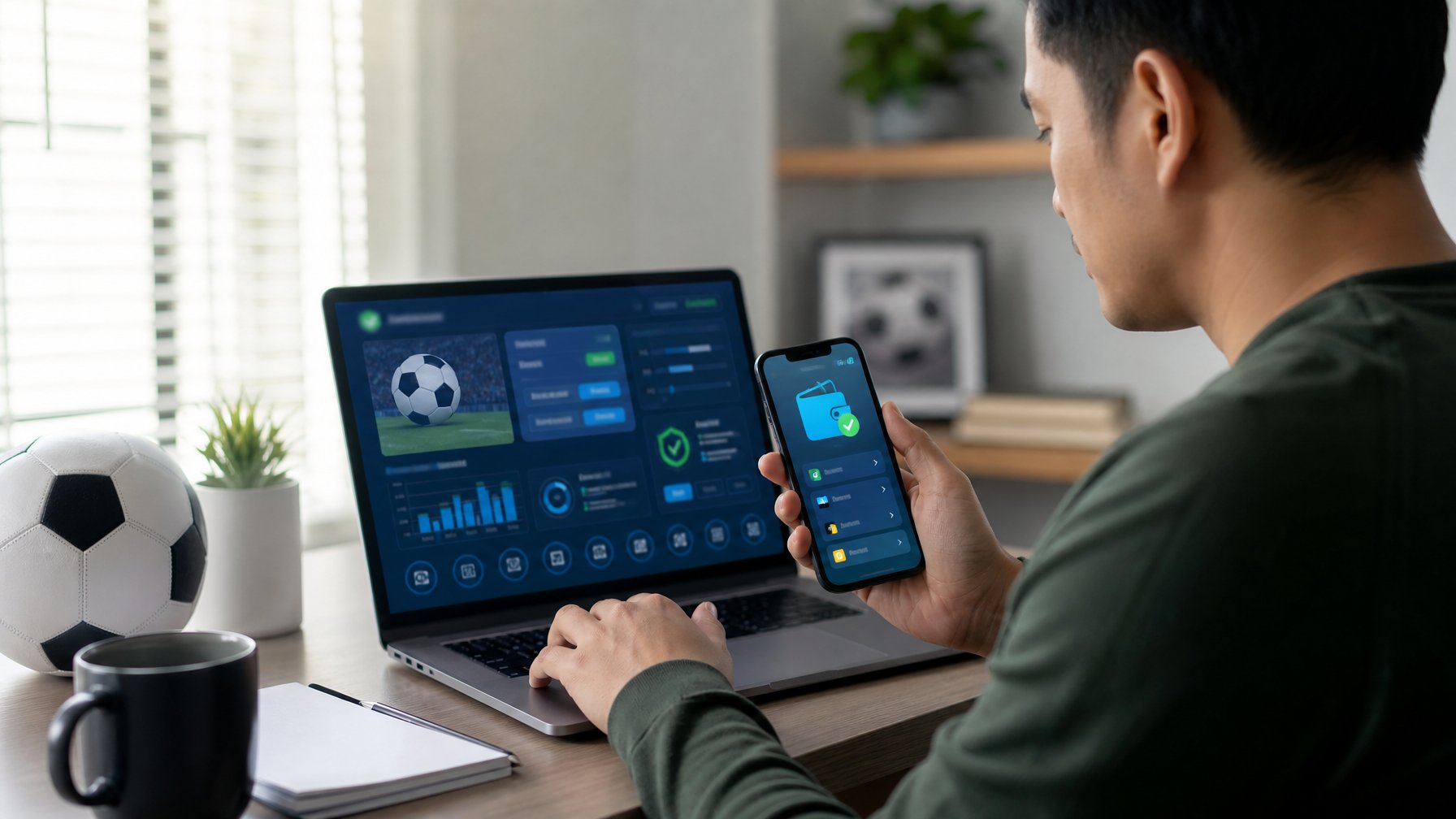 Orang dewasa memeriksa platform sepak bola digital dan pembayaran dompet elektronik di laptop dan ponsel.