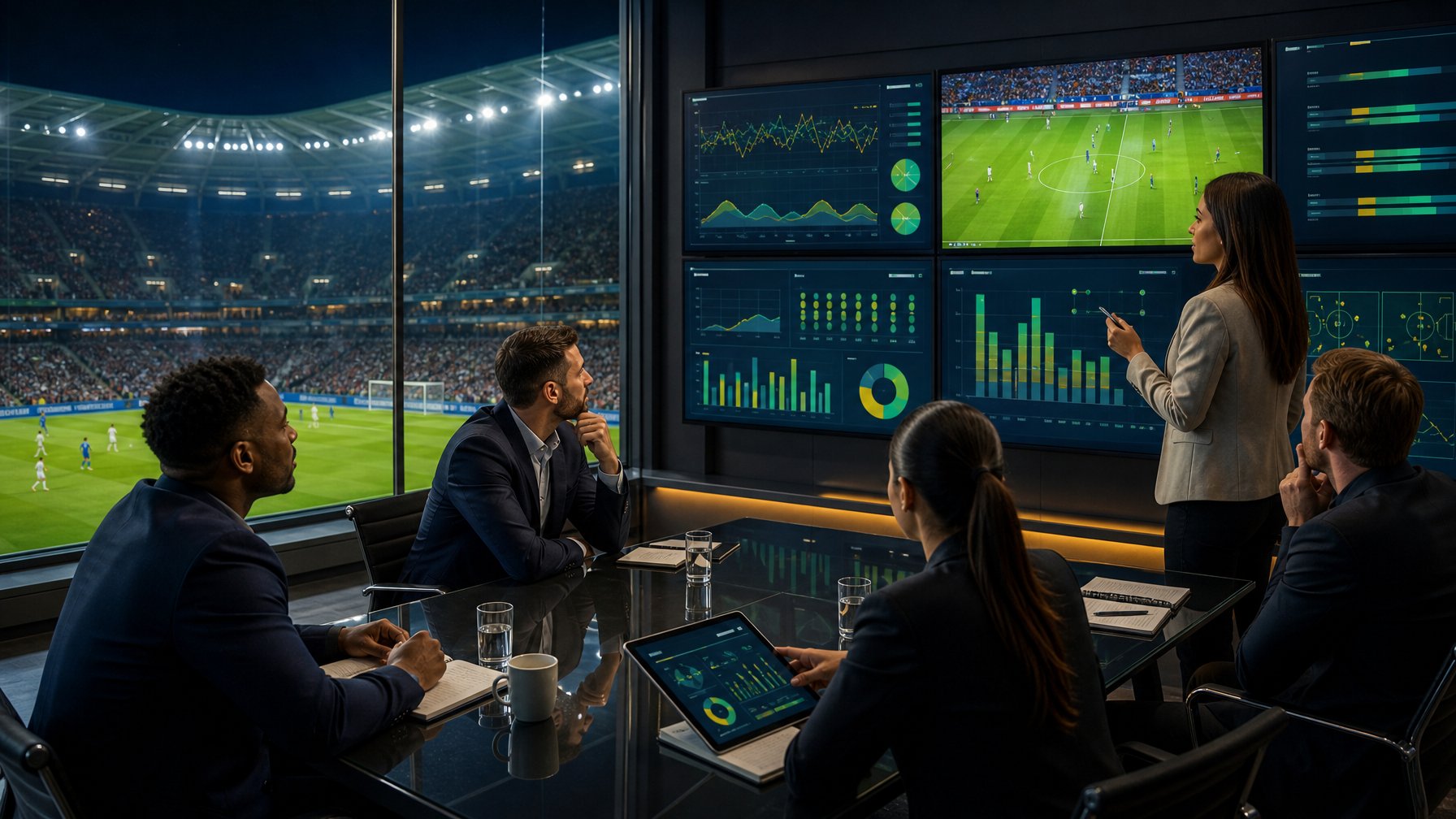 Analis dan penggemar dewasa memeriksa data pertandingan sepak bola di studio modern dengan latar stadion bercahaya.