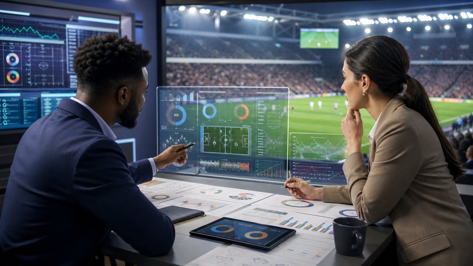 Dua analis membahas statistik pertandingan sepak bola dan perbandingan performa tim di ruang analisis modern.