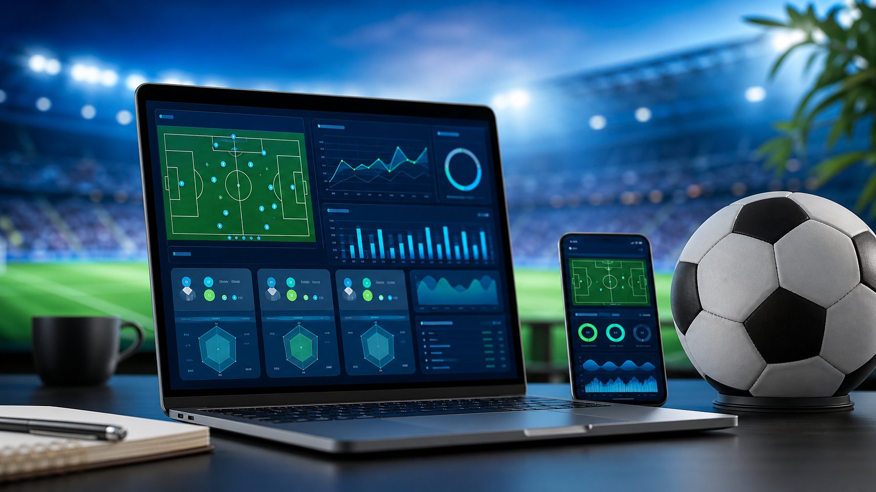 Laptop dan ponsel menampilkan grafik pertandingan sepak bola abstrak di samping sebuah bola di meja kerja modern.