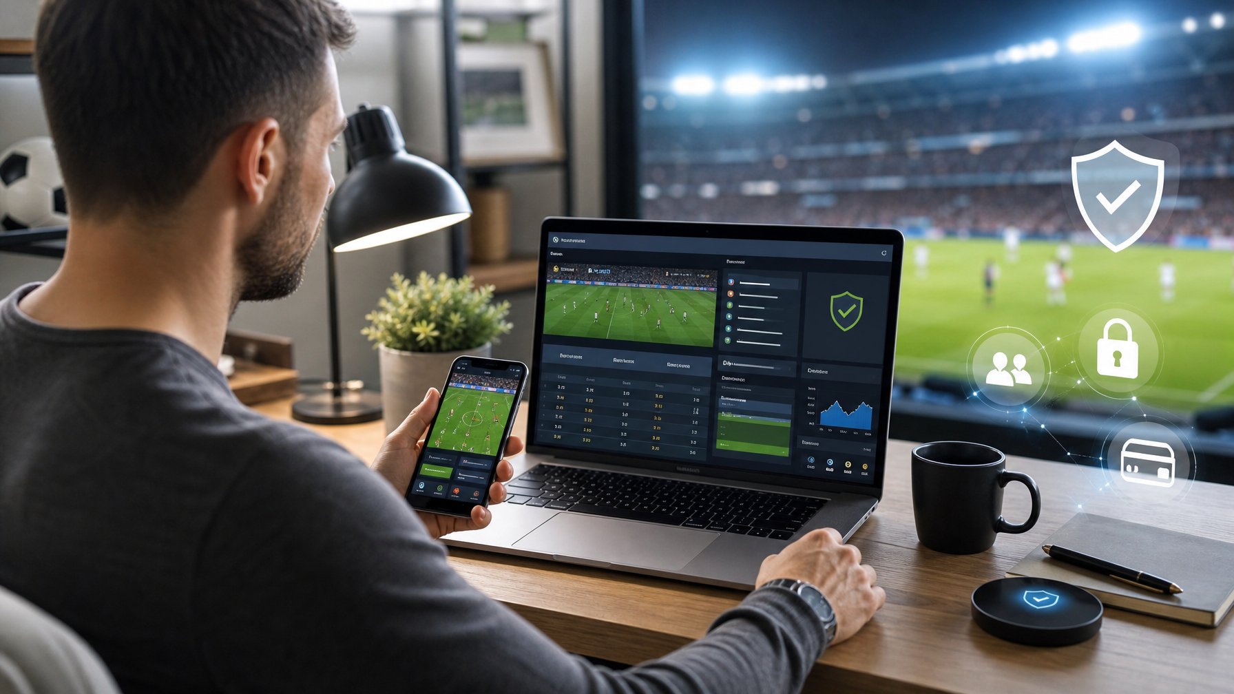 Orang dewasa meninjau platform taruhan sepak bola yang aman di laptop dalam ruang kerja modern.
