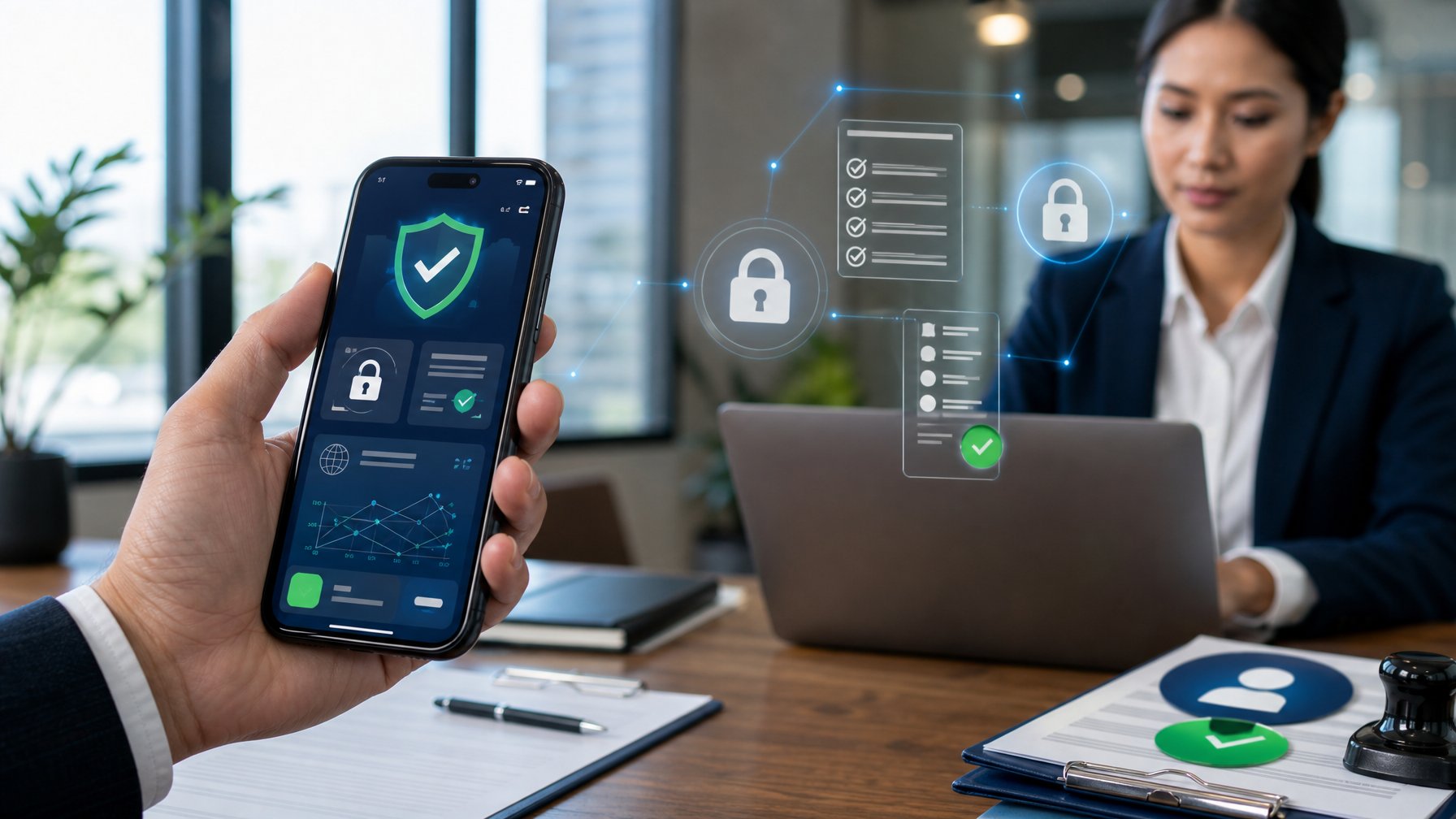 Seseorang memeriksa platform digital aman di ponsel, dengan simbol perisai dan gembok di layar.