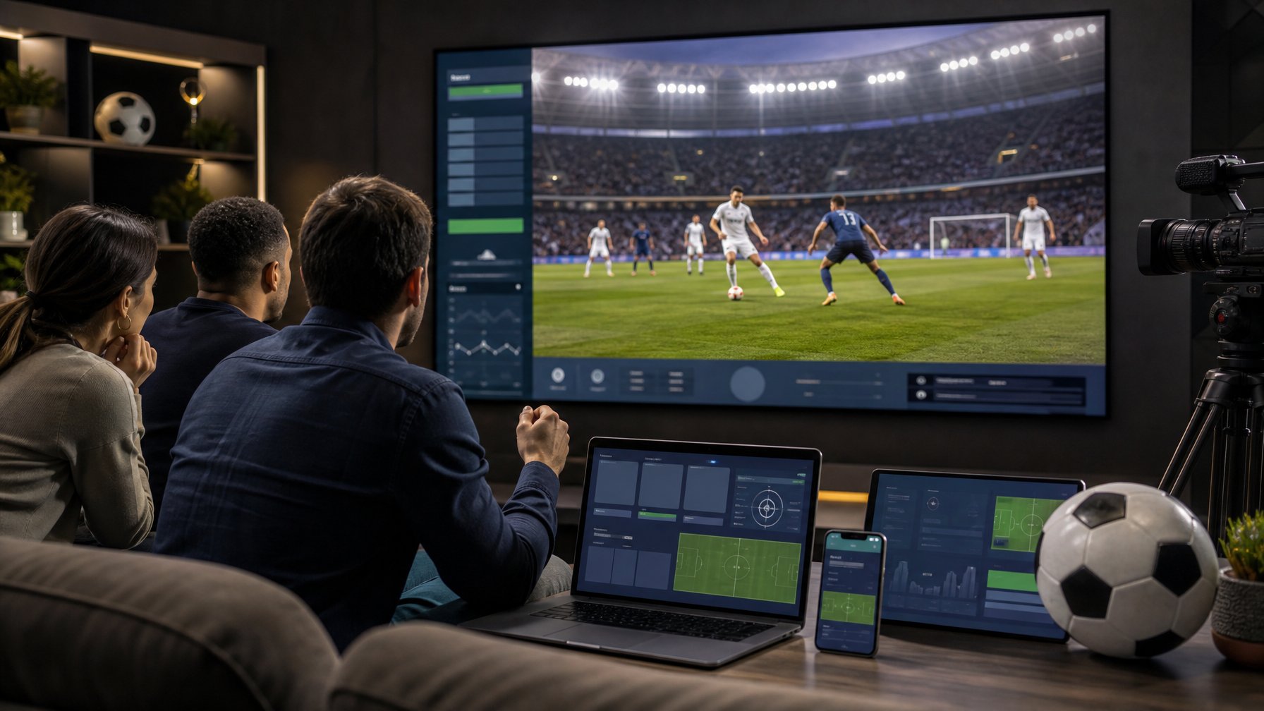Penonton dewasa menyaksikan pertandingan sepak bola melalui layar besar dengan perangkat digital di lingkungan modern.