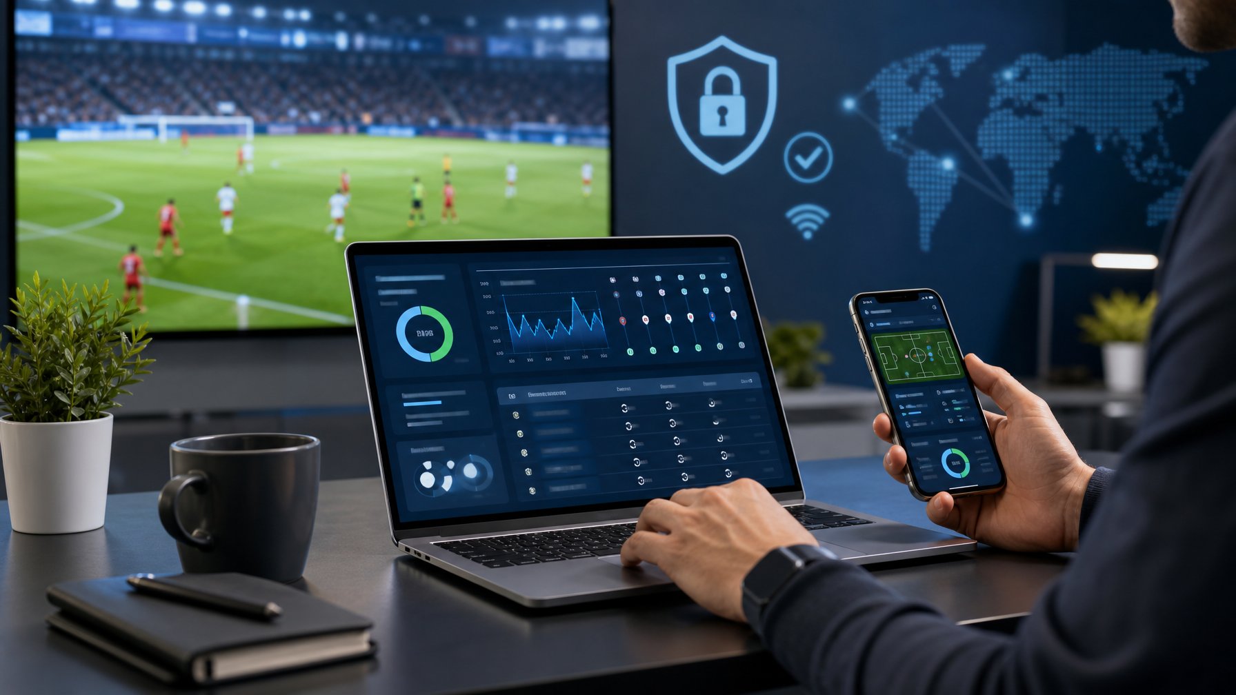 Meja kerja modern dengan laptop dan ponsel yang menampilkan analisis pertandingan sepak bola serta simbol keamanan digital.