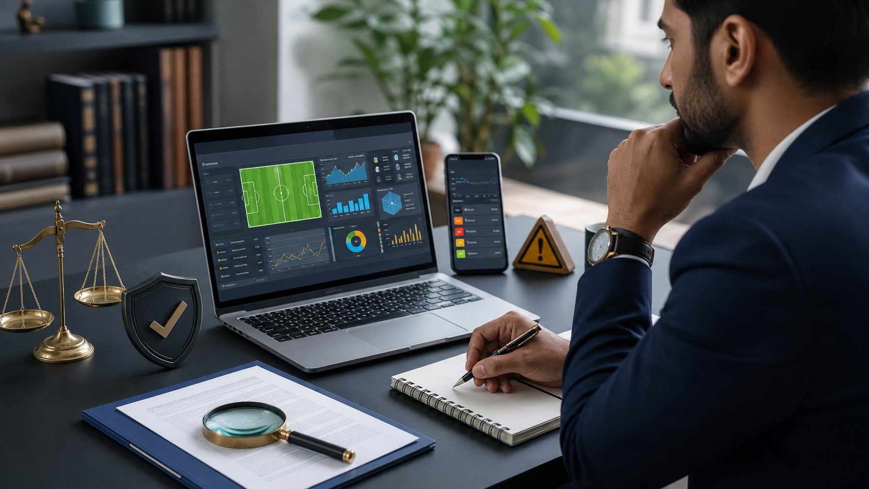 Seorang profesional meninjau informasi taruhan sepak bola daring di meja kerja dengan dokumen hukum dan simbol keamanan digital.