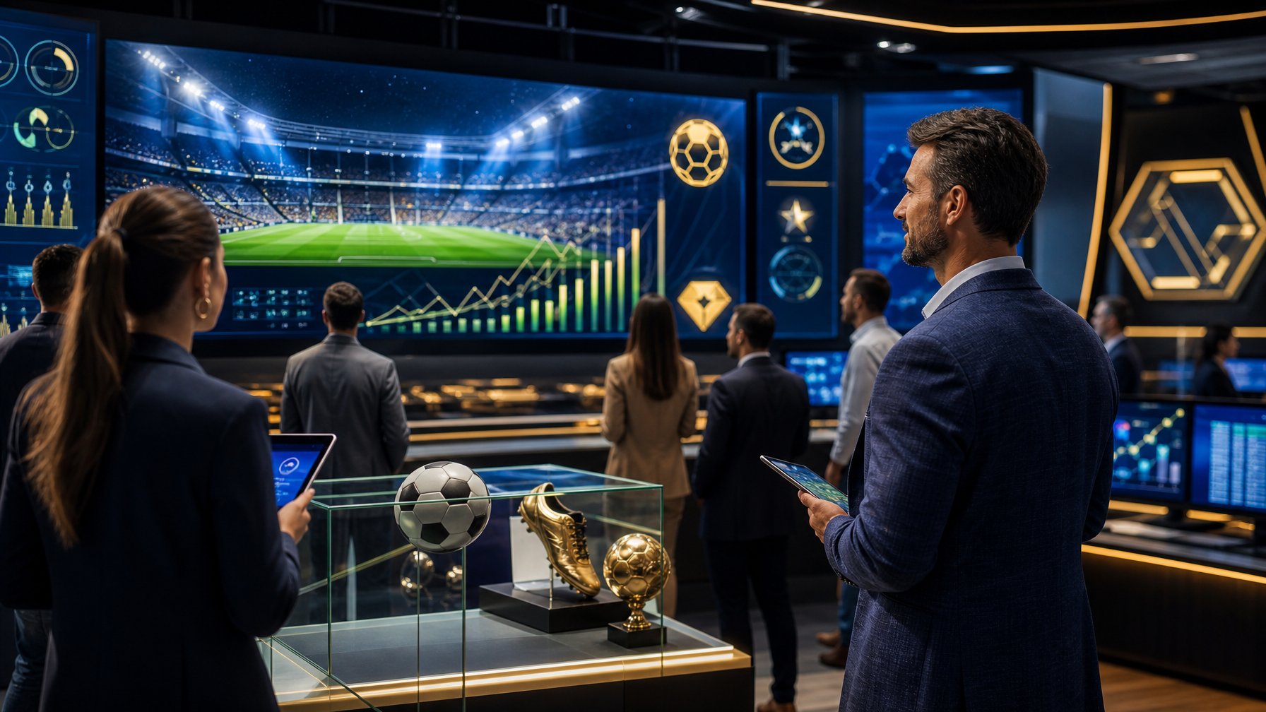 Orang dewasa melihat layar digital bertema sepak bola di ruang modern dengan grafik abstrak dan pencahayaan profesional.