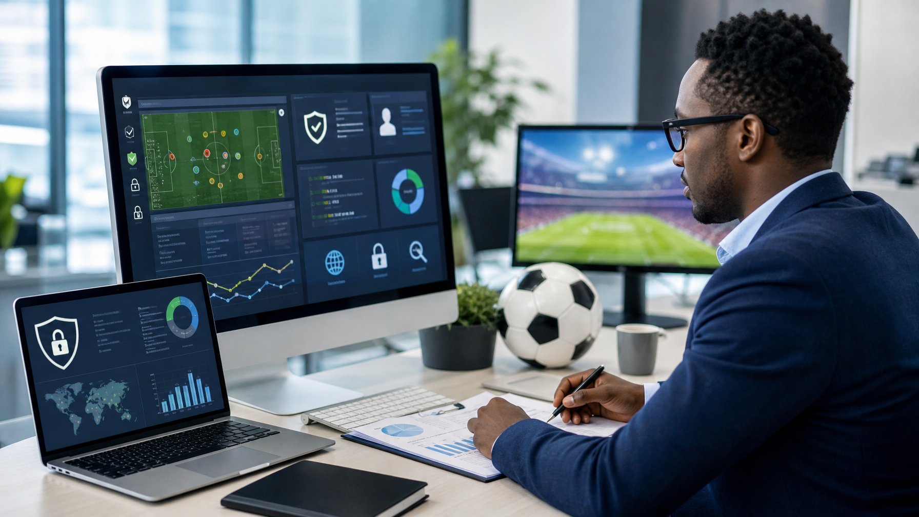 Analis kepatuhan memeriksa keamanan dan transparansi platform taruhan sepak bola daring di ruang kerja modern.