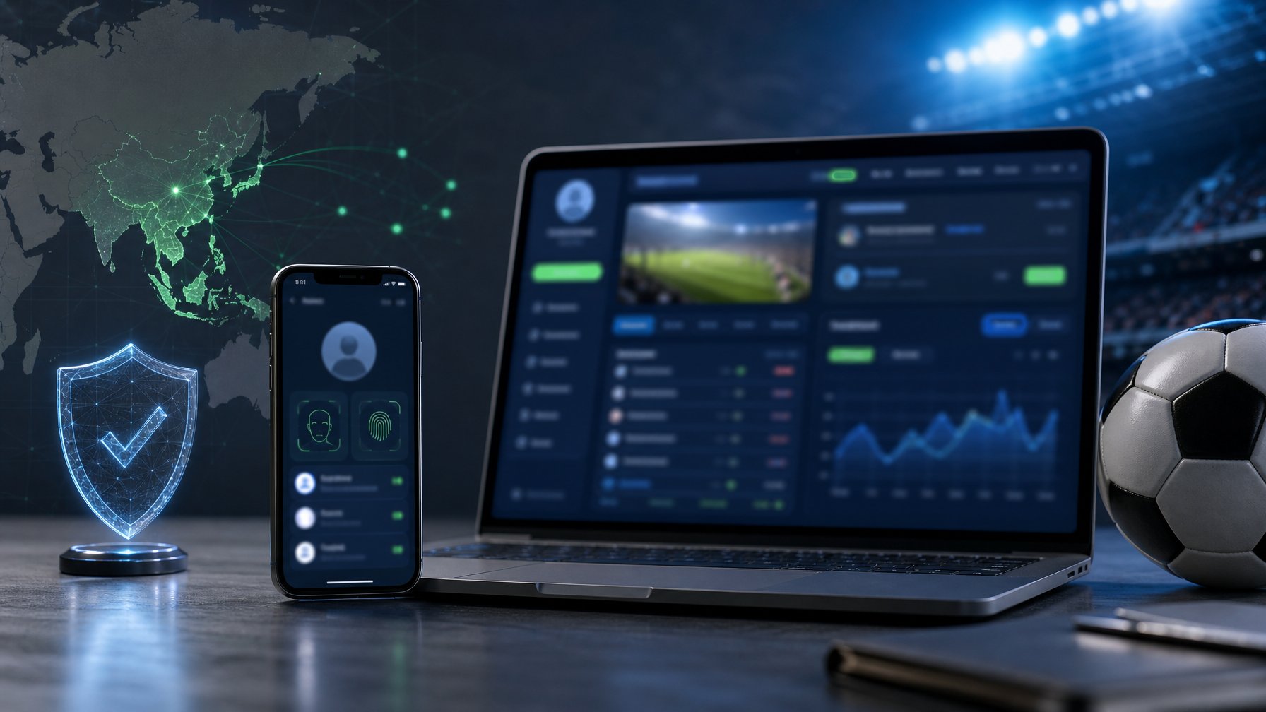 Ponsel dan laptop menampilkan dasbor akun olahraga abstrak di samping bola sepak dengan latar peta Asia.