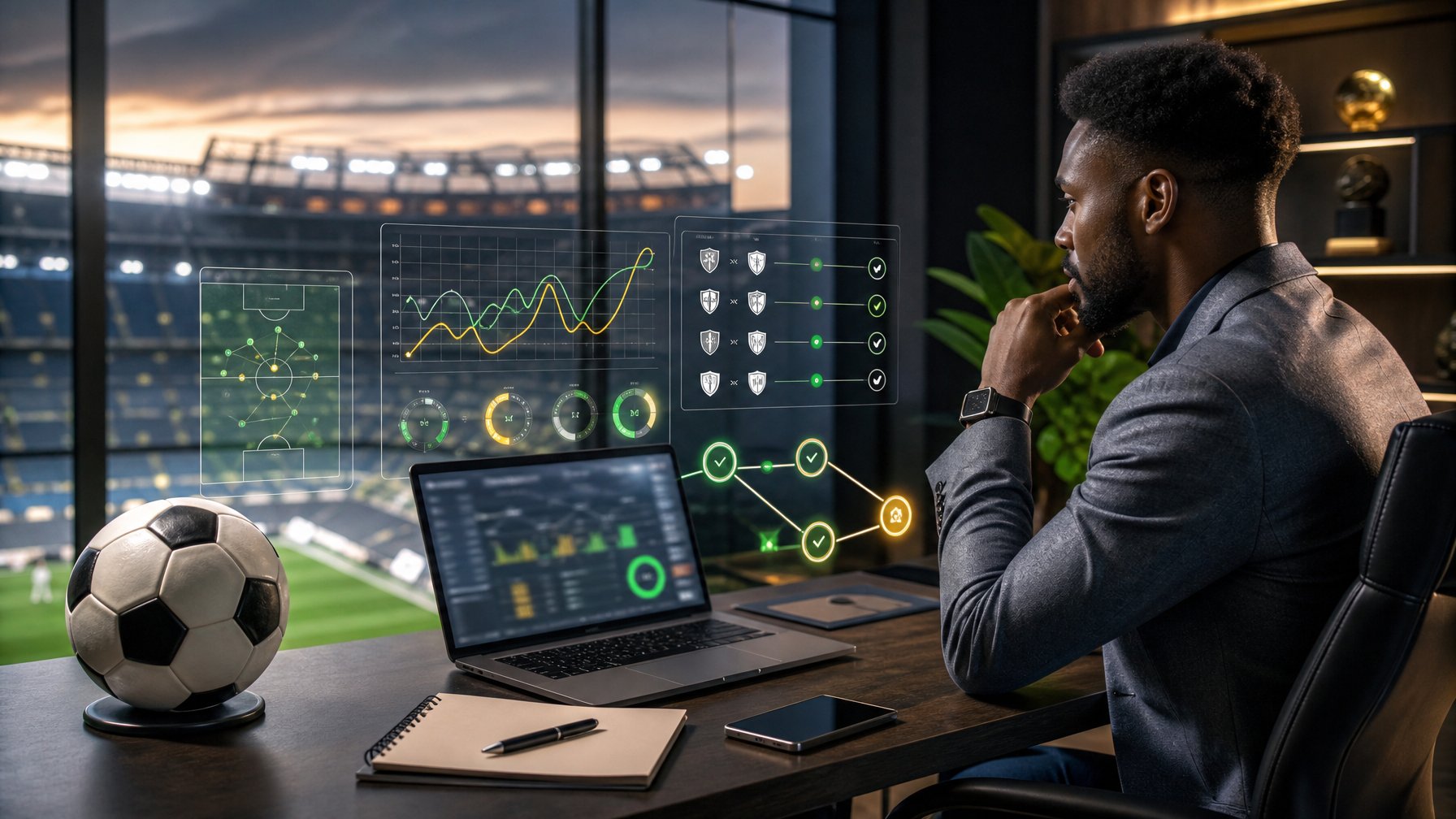 Analis olahraga menganalisis data pertandingan sepak bola di meja kerja modern dengan stadion terlihat di latar belakang.
