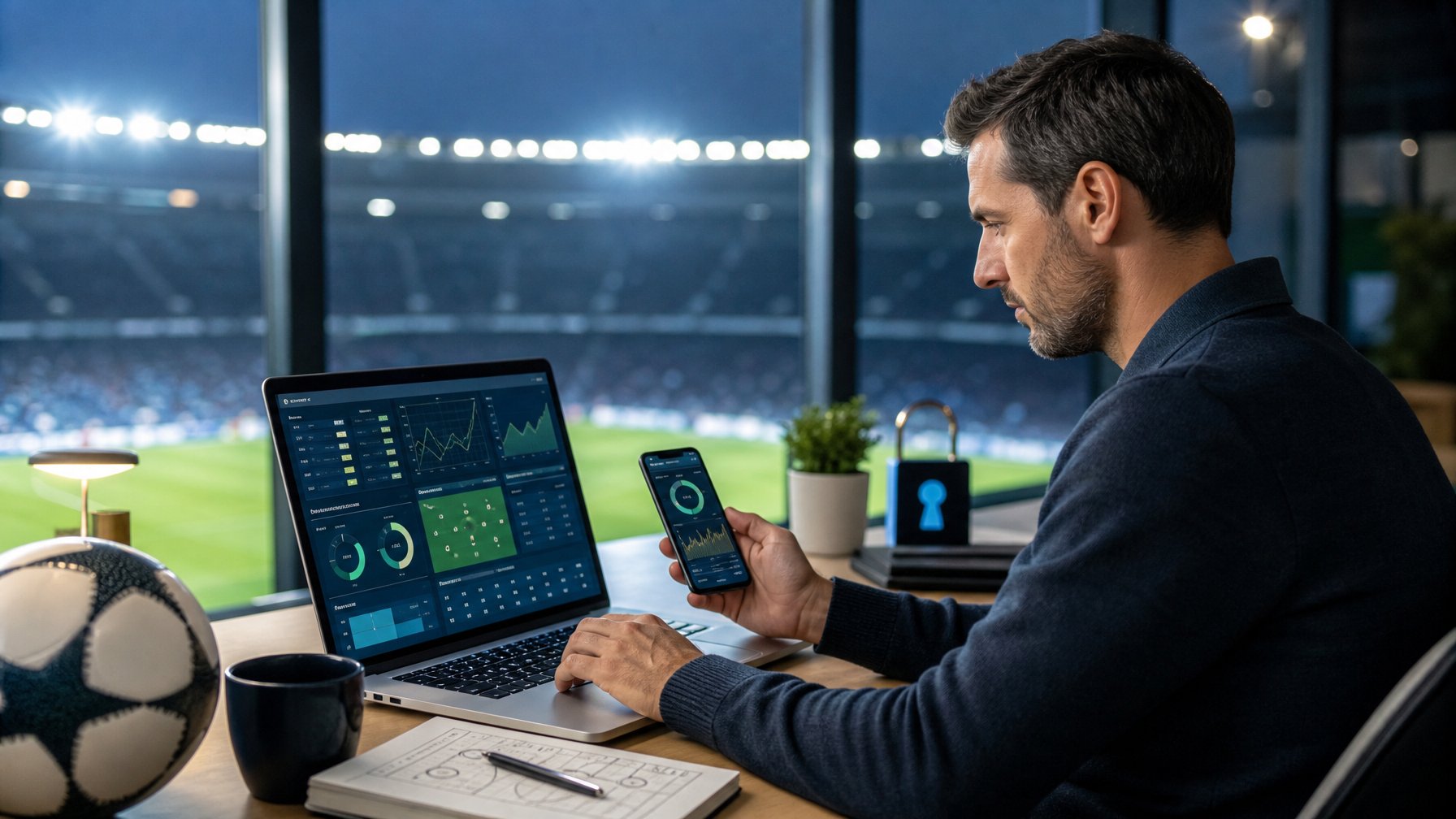 Seorang analis meninjau statistik sepak bola di laptop dan ponsel di ruang kerja modern dengan stadion terlihat di latar belakang.