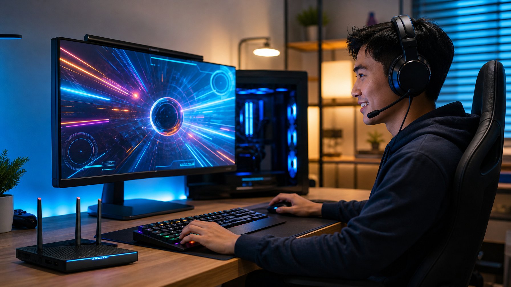 Seorang pengguna memainkan permainan digital di komputer dalam ruang kerja modern dengan koneksi cepat.