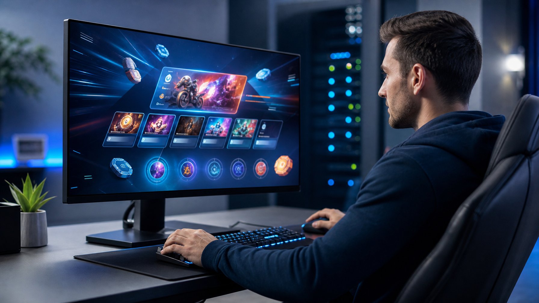 Seseorang menggunakan komputer dengan antarmuka permainan digital abstrak di ruang kerja modern.