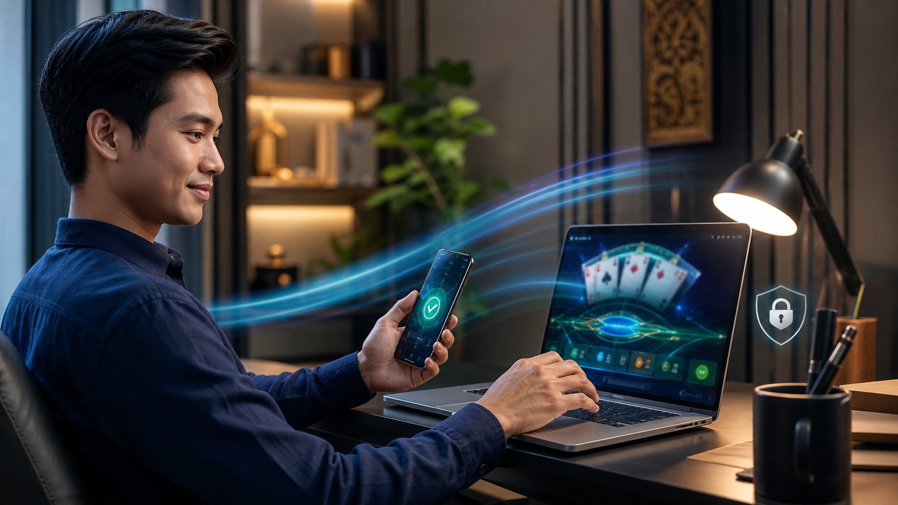 Seseorang menggunakan laptop dan ponsel di ruang kerja modern dengan tampilan permainan kartu digital dan pembayaran cepat.