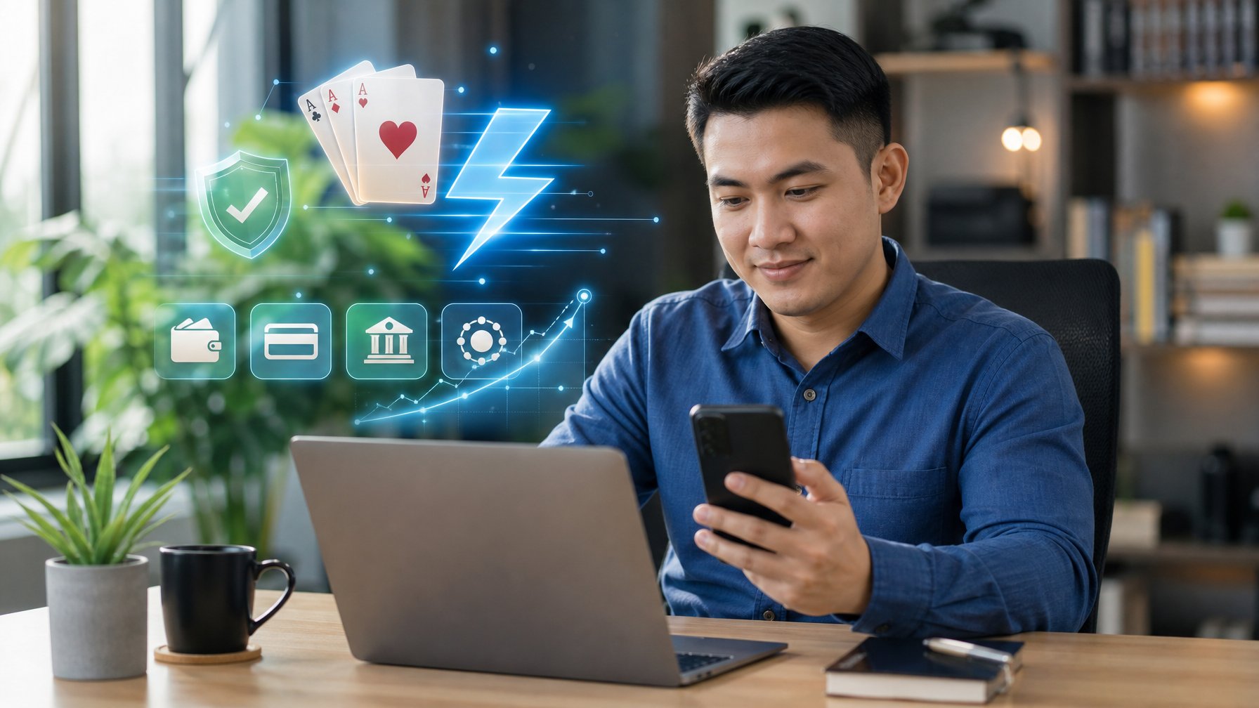 Pengguna memeriksa platform permainan kartu digital dan proses pembayaran cepat di ruang kerja modern.