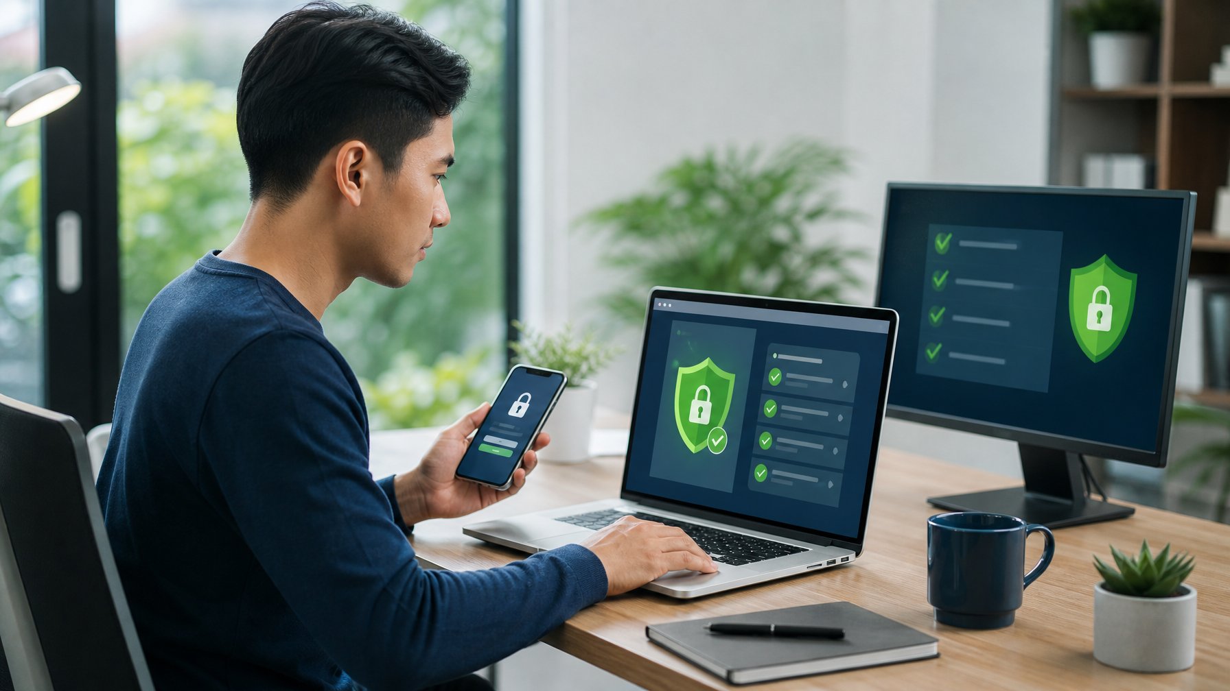 Seseorang memeriksa keamanan akses situs menggunakan laptop dan ponsel di meja kerja.