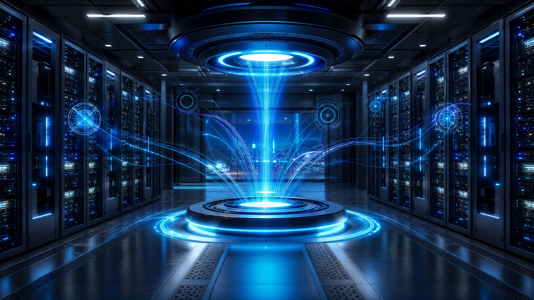Ruang server modern dengan cahaya biru dan aliran data digital yang menggambarkan kinerja teknologi berkecepatan tinggi.
