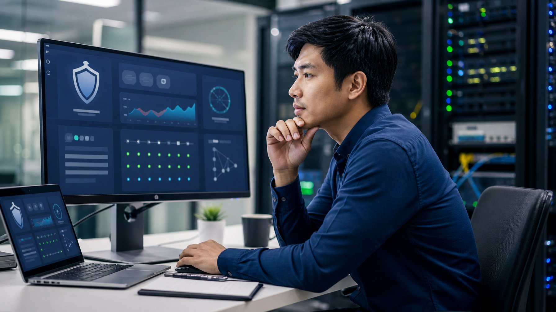 Seorang profesional menilai dashboard layanan digital di kantor dengan latar rak server dan indikator koneksi.