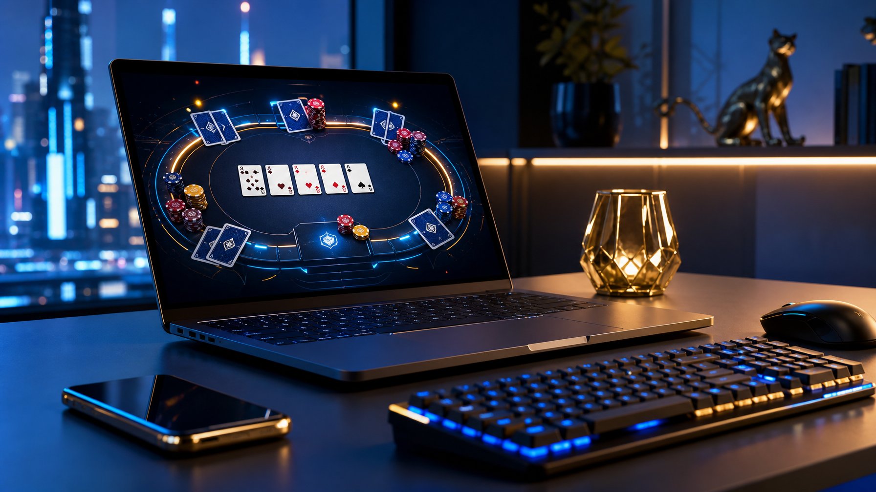 Meja gaming modern dengan laptop yang menampilkan permainan kartu digital, chip, keyboard, dan pencahayaan biru keemasan.