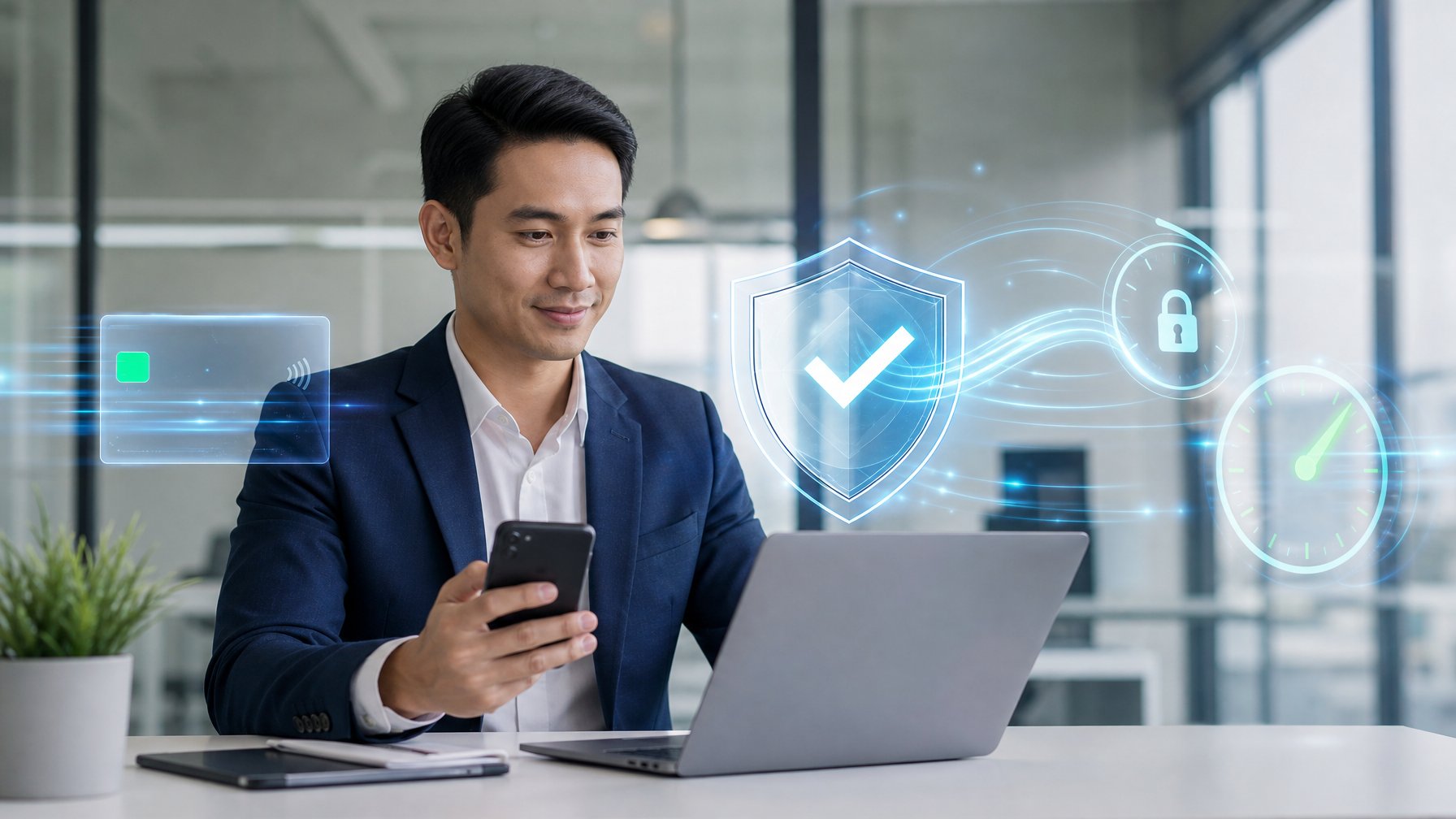 Seorang profesional menggunakan laptop dan ponsel dengan simbol keamanan digital di lingkungan kantor modern.