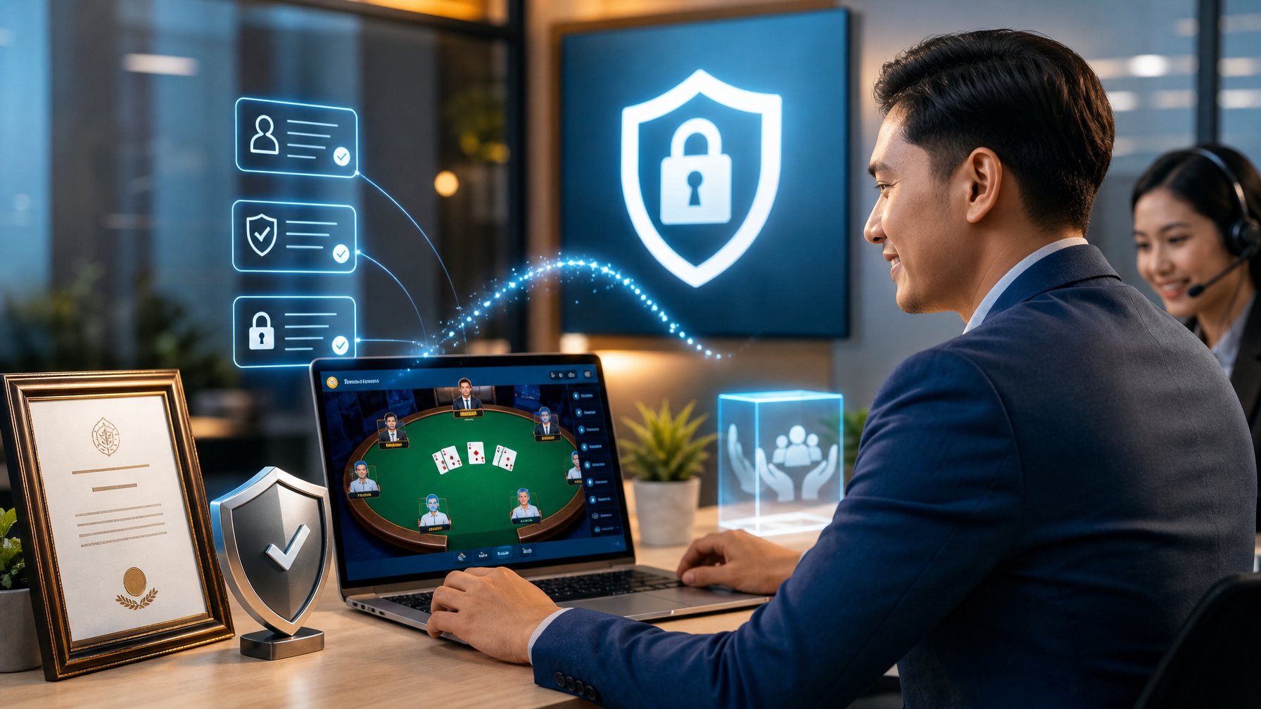 Orang dewasa melihat permainan kartu digital dengan simbol keamanan, lisensi, dan perlindungan data.