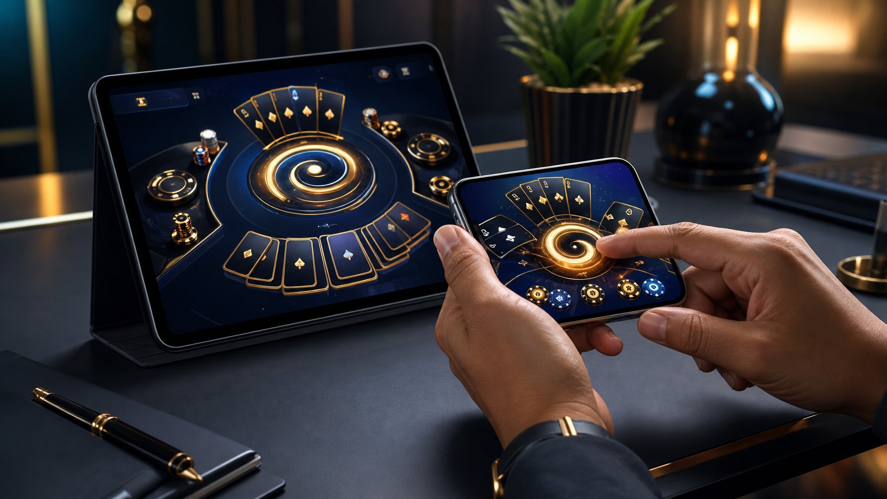 Tangan seseorang memainkan permainan kartu digital pada perangkat modern dengan efek cahaya berputar.