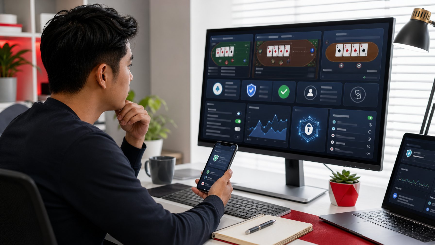 Seseorang membandingkan keamanan dan kinerja platform permainan kartu digital menggunakan komputer dan ponsel di meja kerja.