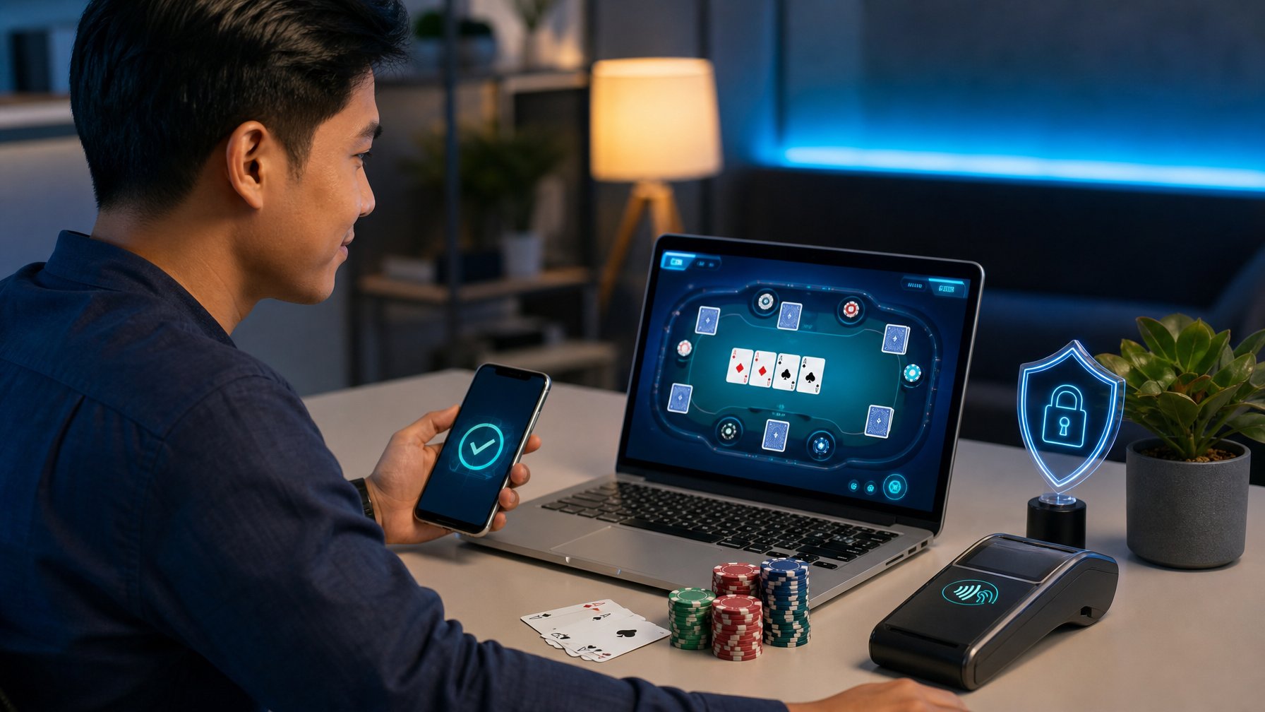 Orang dewasa menggunakan laptop dan ponsel di meja modern dengan kartu permainan, keping, serta simbol pembayaran digital.