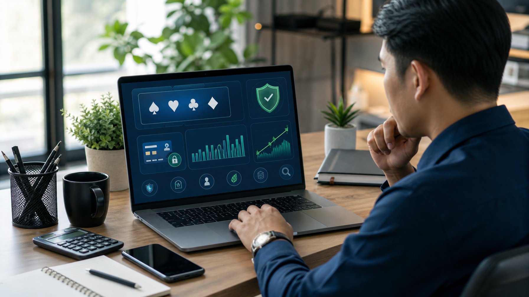 Seorang analis meninjau dasbor digital keamanan dan pembayaran pada laptop di ruang kerja modern.