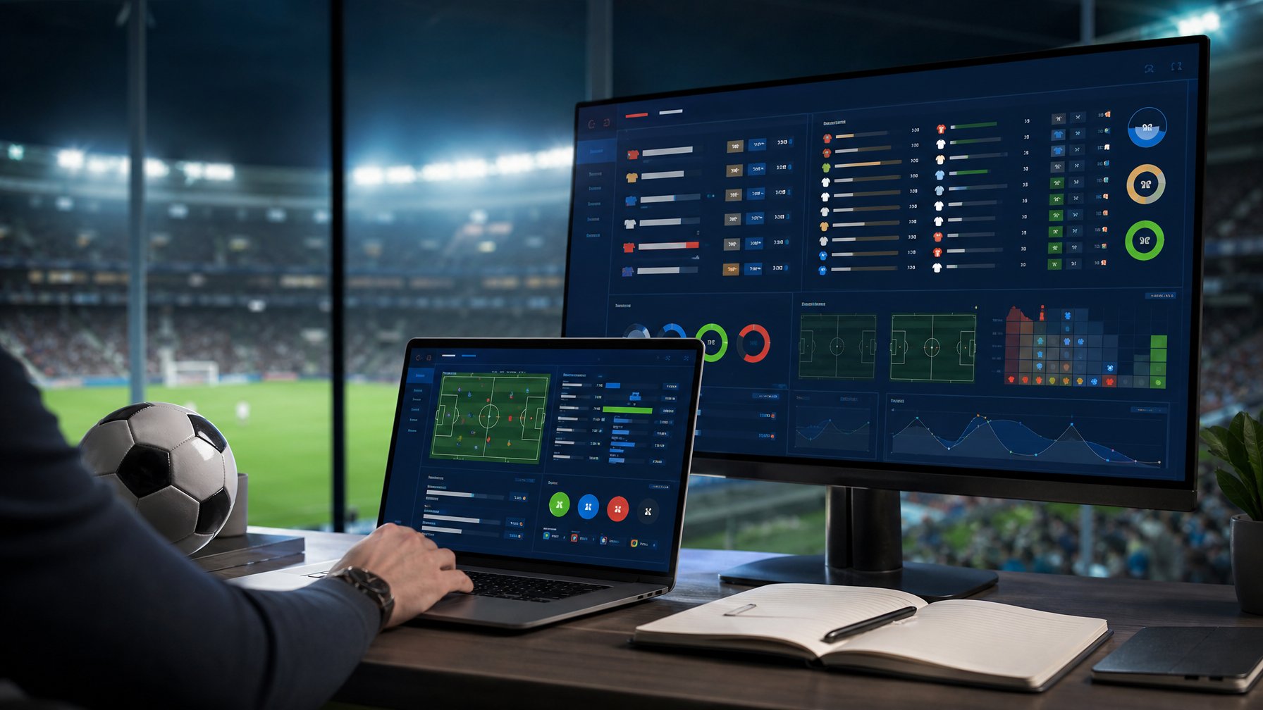 Ruang kerja modern dengan laptop, monitor analitik pertandingan sepak bola, dan sebuah bola di atas meja.
