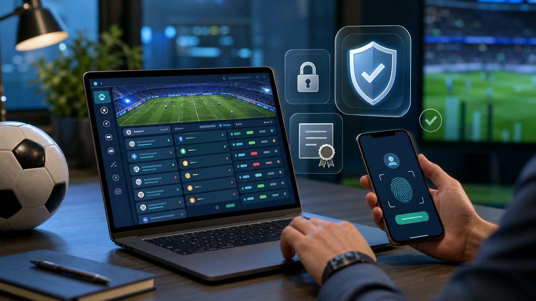 Meja kerja modern dengan laptop berisi analisis pertandingan sepak bola, ikon perisai keamanan, gembok, dan sertifikat digital.