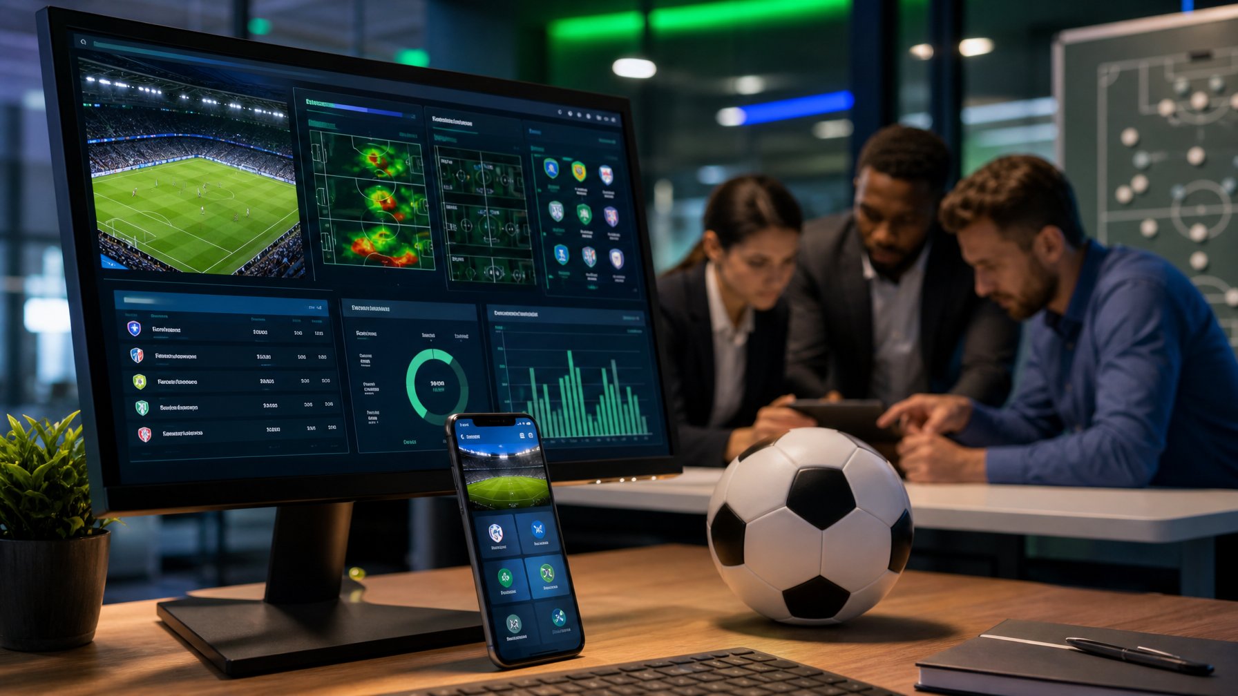 Tim profesional menganalisis data pertandingan sepak bola melalui komputer dan ponsel di ruang kerja modern.
