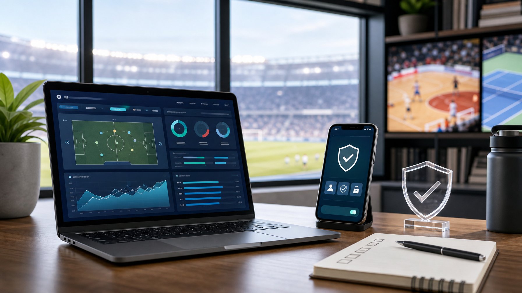 Laptop dan ponsel menampilkan analisis olahraga serta simbol keamanan di atas meja kerja modern.