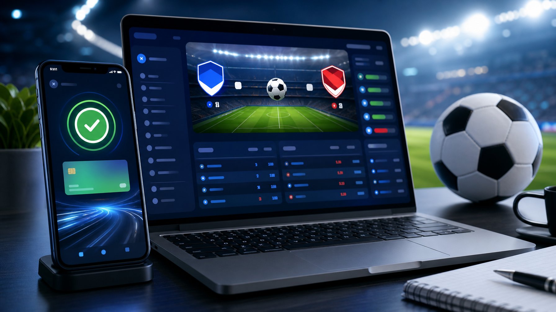 Ponsel dan laptop menampilkan antarmuka pertandingan sepak bola di meja modern dengan latar stadion yang buram.