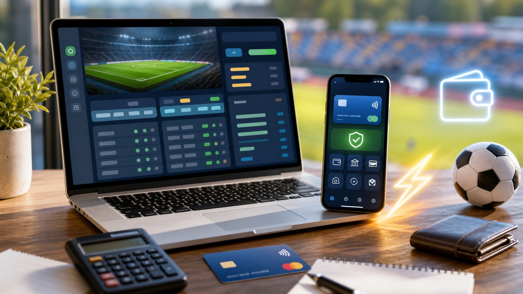 Laptop dan ponsel menampilkan antarmuka pembayaran digital dengan kalkulator, kartu pembayaran, dan bola sepak di meja.