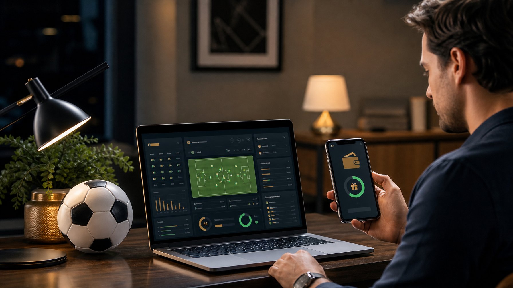 Seseorang memeriksa informasi pertandingan sepak bola dan hadiah cashback melalui laptop dan ponsel di meja kerja.