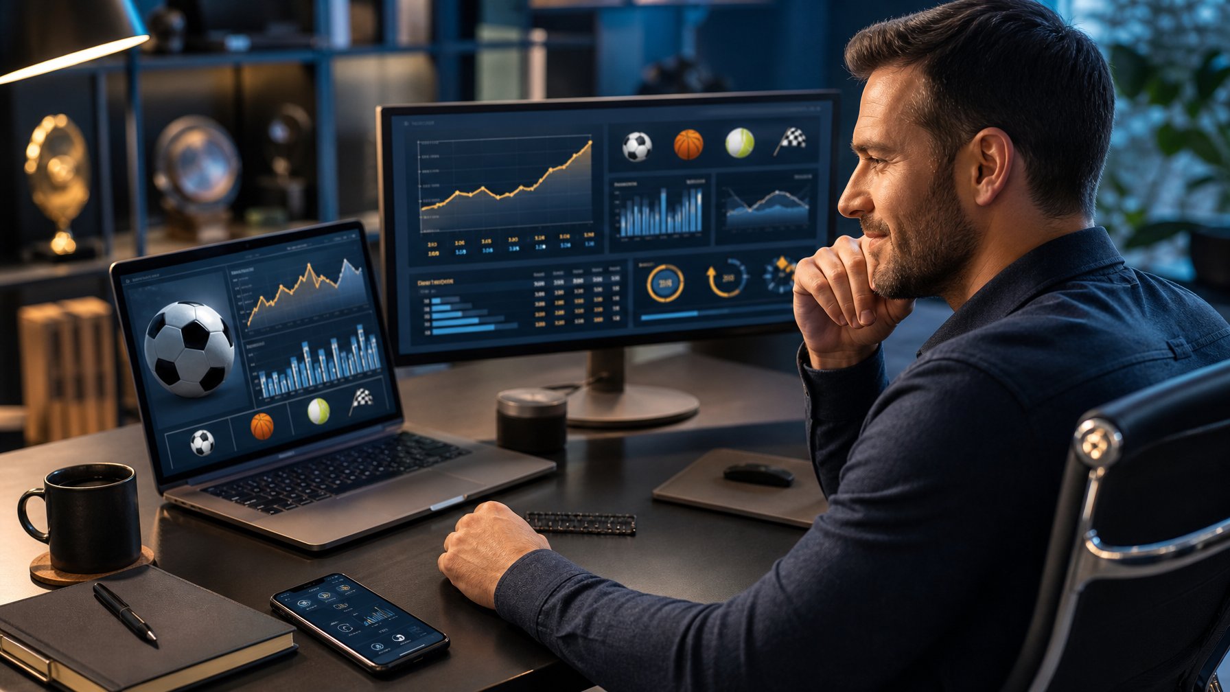 Penggemar olahraga dewasa melihat analisis pertandingan pada laptop di ruang kerja modern.