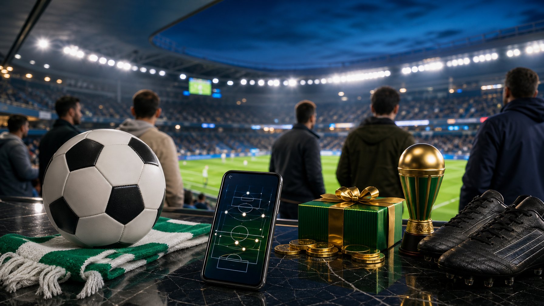 Stadion sepak bola modern pada malam hari dengan lapangan hijau, lampu sorot, ponsel, dan perlengkapan sepak bola.