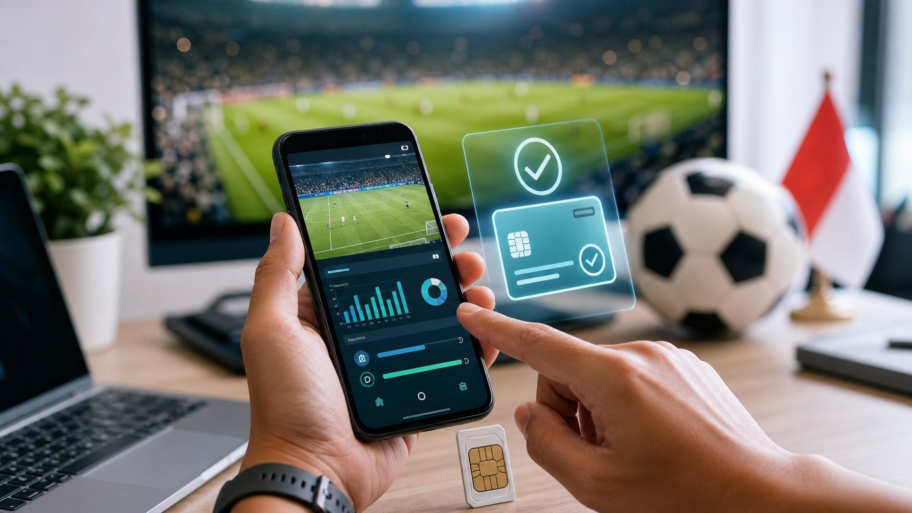 Seseorang menggunakan ponsel dengan tampilan olahraga digital dan pembayaran seluler di meja kerja modern.