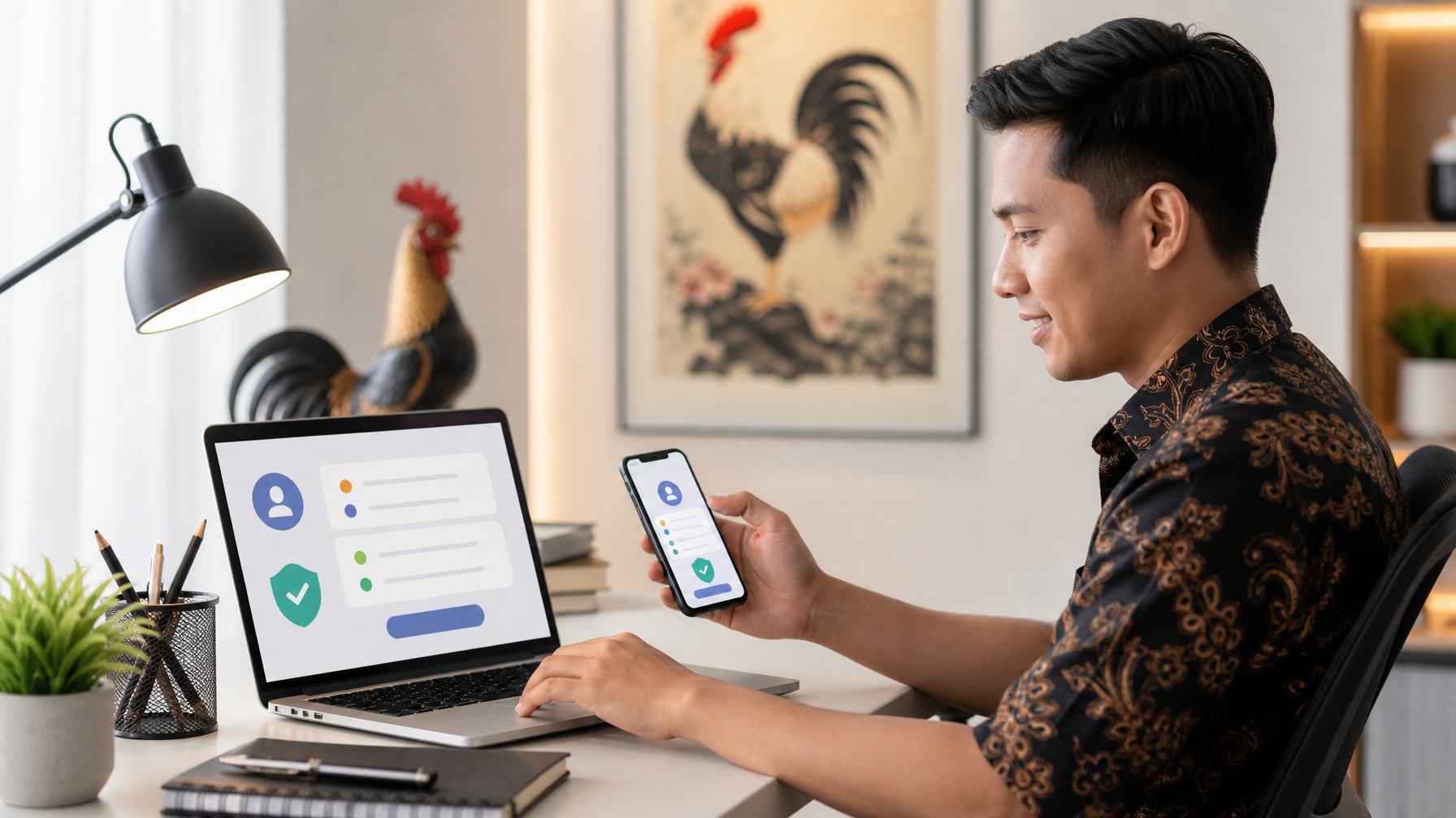 Orang dewasa menggunakan laptop dan ponsel untuk mendaftarkan akun secara online di meja kerja modern, dengan ornamen ayam jantan di latar belakang.